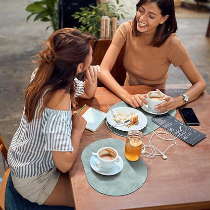 ADRIMER Placemats, Heat Resistant Oval Placemats Set of 6 Washable 12 x 17 Inch, Waterproof Table Mats, Wipeable Pu Place Mats for Kitchen, Dining Room, Light Blue
