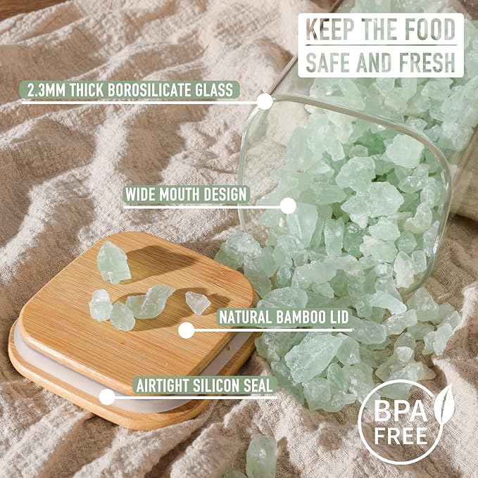 37oz Airtight Glass Square Storage Canister with Bamboo Lid Set of 4 (1100ml) Container Stackable Jar, Kitchen Canister for Pantry Noodles, Flour and Coffee beans (‎with Black Lable)