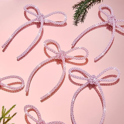 FLAIR GIFTS 6 Pcs 4.3" x 6" 2025 Christmas Bows for Tree Decor, Mix Pink Sparkly Glitter Rhinestone Bow Ornaments with Twist Tie for Xmas Decoration, Wreath, Garland, Gift Wrapping