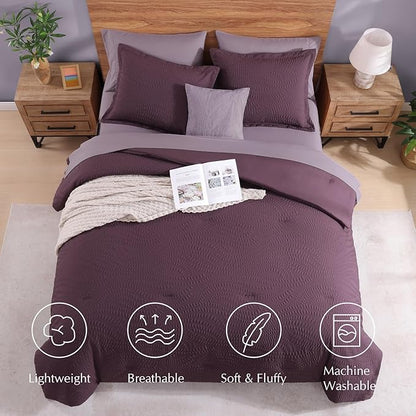 Geniospin King Comforter Set - 7 Pieces Purple Bedding Set, Botanical Textured Fall Comforter Set, All Season Comfortable Bed in a Bag with Comforter, Sheets, Pillowcases & Shams