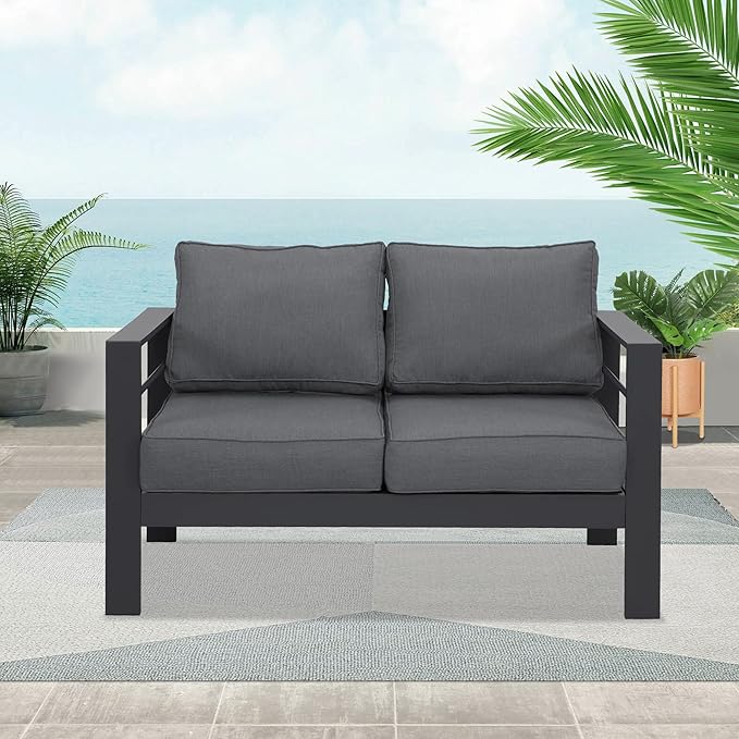 Wisteria Lane Patio Furniture Aluminum Loveseat, All-Weather 2 Seats Outdoor Chair, Gray Metal Chair with Dark Grey Cushions