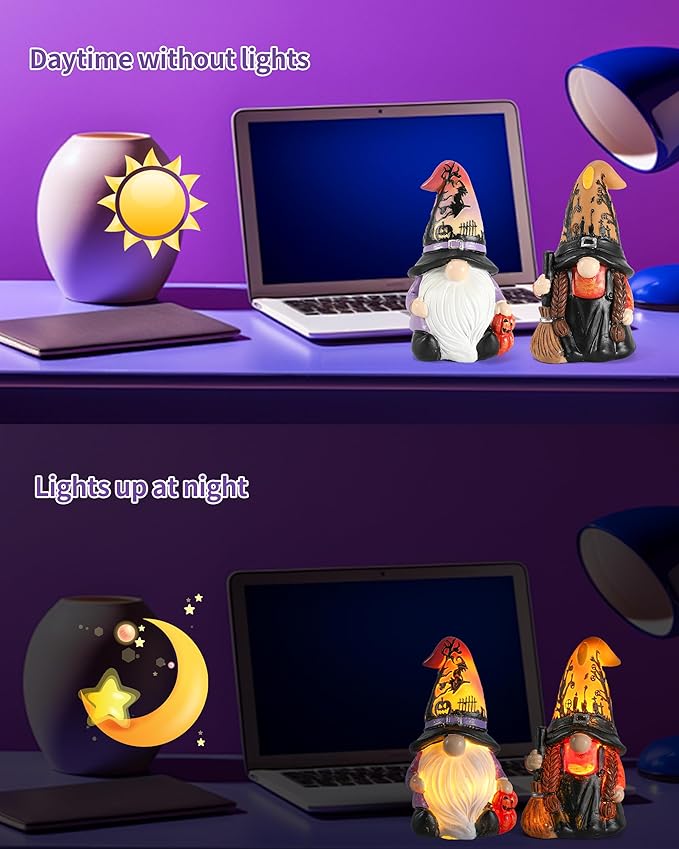 Halloween Gnomes and Witch Figurines - 2Pack Lights Up Fall Gnome - 4.5'' Resin Indoor Halloween Decor for Women (Gnomes)