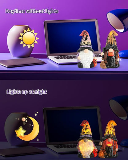 Halloween Gnomes and Witch Figurines - 2Pack Lights Up Fall Gnome - 4.5'' Resin Indoor Halloween Decor for Women (Gnomes)