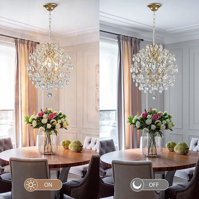 Bestier Modern Gold Pendant Chandelier Crystal Raindrop Lighting Ceiling Light Fixture Lamp for Dining Room Bathroom Bedroom Livingroom entryway 3 E12 Bulbs Required D16 in x H18 in