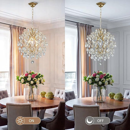Bestier Modern Gold Pendant Chandelier Crystal Raindrop Lighting Ceiling Light Fixture Lamp for Dining Room Bathroom Bedroom Livingroom entryway 3 E12 Bulbs Required D16 in x H18 in