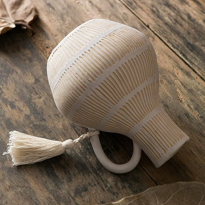 Rustic Ceramic Vase for Home Decor, Farmhouse Decorative Vases for Pampas Grass, Terracotta Vase with Tassel Design, Handle Flower Vase, Clay Vase for Living Room Decoration, 8 inch Tall