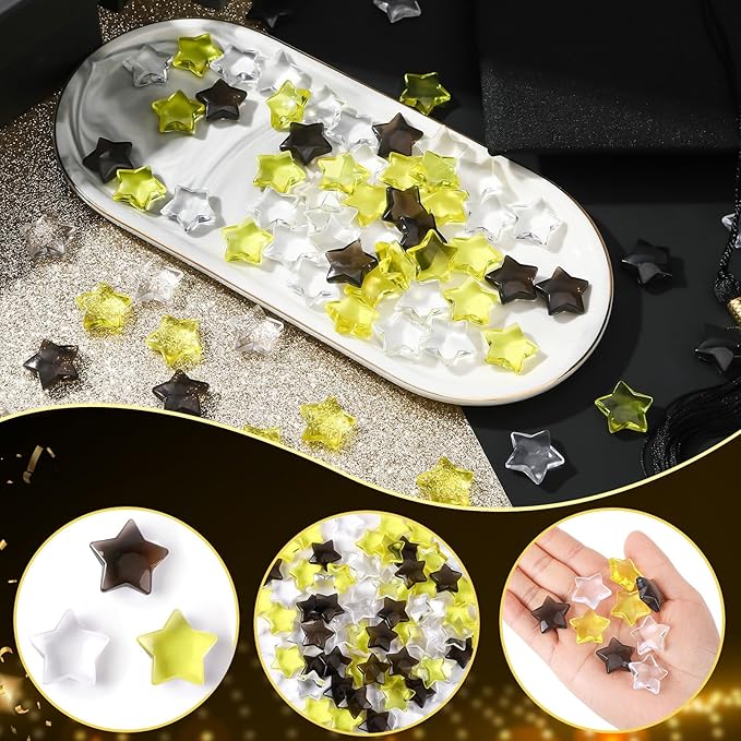120 Pcs Happy New Years Acrylic Star Translucent Crystals Gems New Year 2026 3D Star Shaped Gems for Vase Filler Ice Rocks, Party Wedding Arts Crafts Decoration (Blak/Gold/Translucent)
