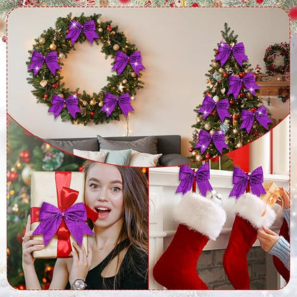 Cindeer 24 Pcs Purple Christmas Bow Decorations 6 x 6 Inches, Glitter Holiday Ornaments Sequin Ties Bows for Xmas Tree, Wreath, DIY Crafts, Gift Wrapping, Party Decor