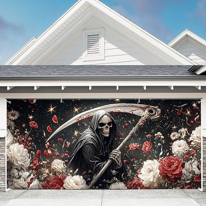 6 x 13 ft Halloween Garage Door Decorations Halloween decorations Witch Door Cover, Hanging Banner, Cauldron Backdrop Mural for Home, Outdoor, Indoor, Spooky Party, Wall, Window (Scythe-1)