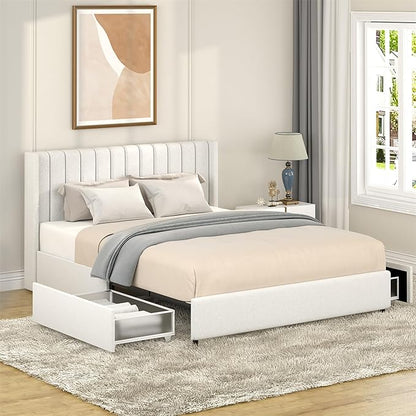 Queen Size Boucle Upholstered Platform Bed Frame with Vertical Stripes Tufted Headboard 2 Drawers Storage Wooden Slat Mattress Support Easy to Assemble No Box Spring Needed Noise Free No Slip Ivory