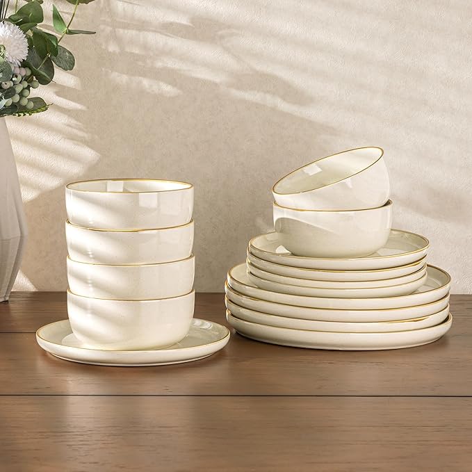 AmorArc Dinnerware Set, 12 Pieces Ceramic Plates and Bowls Sets, Stoneware Plates Set Handpainted, Dishwasher & Microwave Safe Dishes (Speckled Beige, Service for 4)