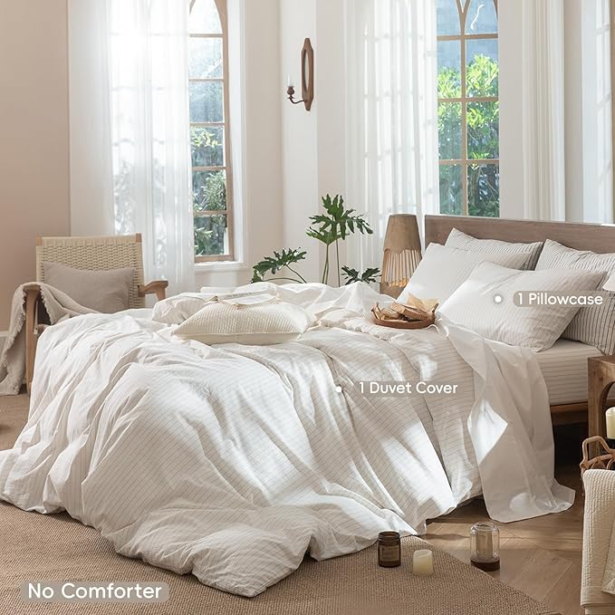 MooMee Striped Duvet Cover Set 100% Washed Cotton Linen Like Textured Breathable Durable Soft Comfy (White Almond Milk Grey Wide Stripes, Twin 68"x90")