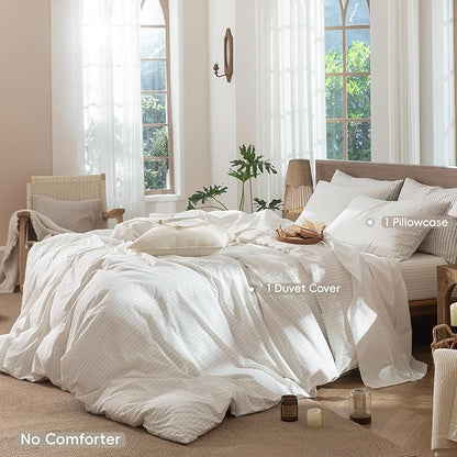 MooMee Striped Duvet Cover Set 100% Washed Cotton Linen Like Textured Breathable Durable Soft Comfy (White Almond Milk Grey Wide Stripes, Twin 68"x90")