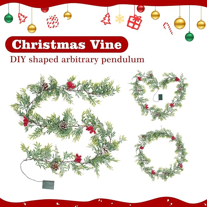 6 FT Artificial Christmas Garland, Faux Cypress Leaf Evergreen Garland with 20 LED Lights, Red Berries and Pinecones, Green-Yellow Leaves, Timer, Perfect for Indoor Outdoor Window Mantel