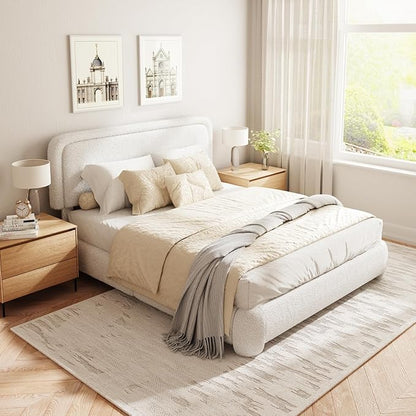 Queen Size Boucle Bed Frame, Cloud Upholstered Platform Bed with Height Adjustable Headboard & Soft Rounded Corners, No Box Spring Needed, Noise Free, Easy Assembly, White