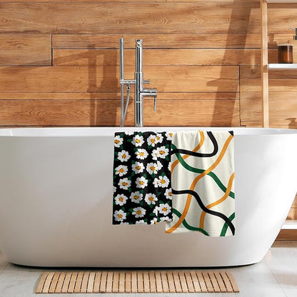 Modern Kitchen Towels Set of 2 Geometric Stripe Green Orange Microfiber