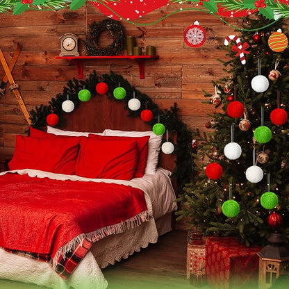 Gejoy 12 Pcs Furry Christmas Ball Ornaments for Xmas Tree Red Green White Christmas Hanging Decorations Soft Faux Fur Pom Pom Ball Ornaments for Party Supplies Fireplace Mantel Home Wall Decor