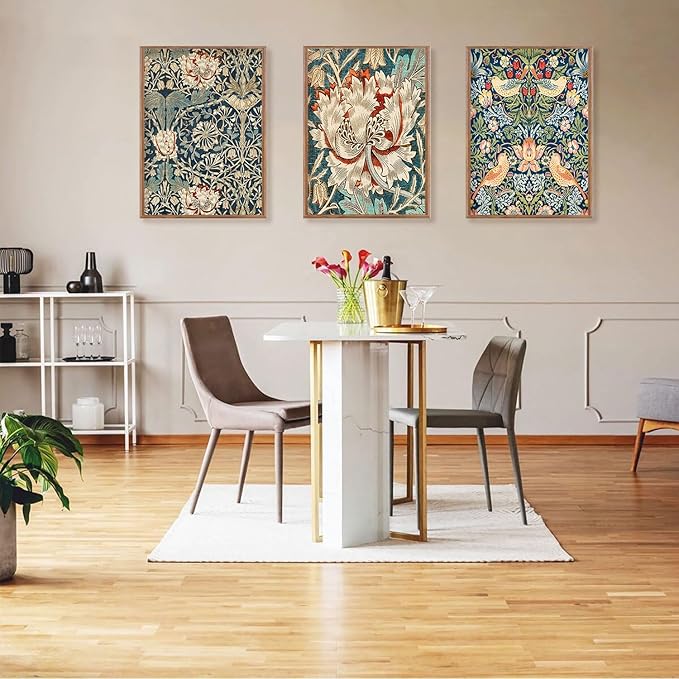 ILLBDR Framed Wall Art William Morris Botanical Flower Canvas Wall Art Set of 3, William Morris Print Abstract Floral Artwork Farmhouse Rustic Decor for Living Room Bedroom 12x16 Inch