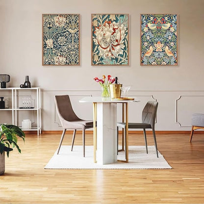 ILLBDR Framed Wall Art William Morris Botanical Flower Canvas Wall Art Set of 3, William Morris Print Abstract Floral Artwork Farmhouse Rustic Decor for Living Room Bedroom 12x16 Inch