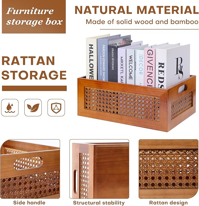 Wooden Storage Basket Large Handmade Rattan Drawer Storage Box with Frame & Handles Decorative Natural Bamboo Woven Bins Rustic Farmhouse Decor Home Office Tabletop Shelf Organizer 15" x 11" x 5.9"