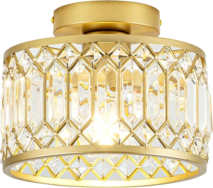 Crystal Ceiling Light, Modern Semi Flush Mount Ceiling Light, Gold Crystal for Kitchen Bedroom Bathroom Entryway (Bulb not Included)