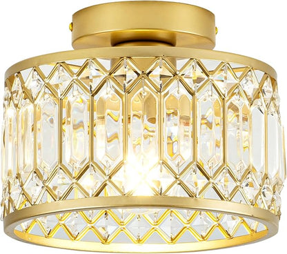 Crystal Ceiling Light, Modern Semi Flush Mount Ceiling Light, Gold Crystal for Kitchen Bedroom Bathroom Entryway (Bulb not Included)
