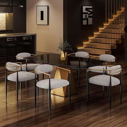 Morden Fort Mid-Century Modern Boucle Dining Chairs Set of 6, Brushed Gold with Black Metal Legs and Upholstered Cushion, Sherpa for Living Room Bedroom Outdoor Lounge