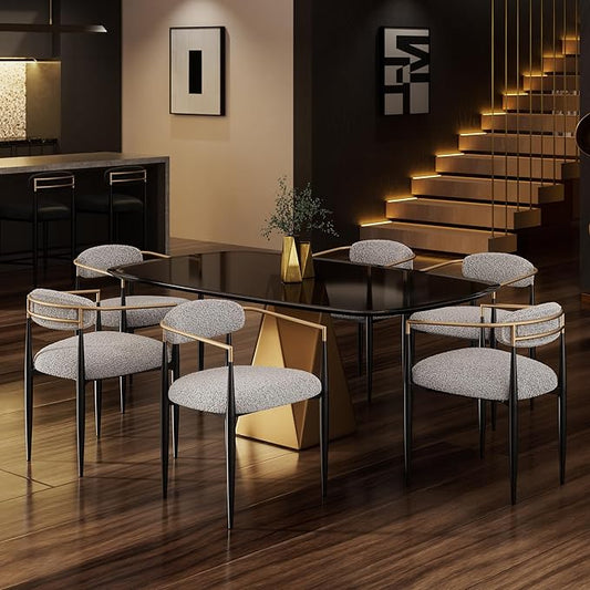 Morden Fort Mid-Century Modern Boucle Dining Chairs Set of 6, Brushed Gold with Black Metal Legs and Upholstered Cushion, Sherpa for Living Room Bedroom Outdoor Lounge