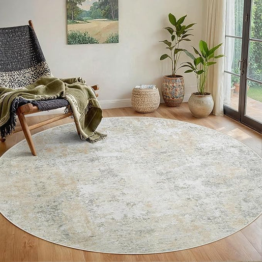Round Rug 5ft Circle Rug Washable: Carpet Small Circular Area Rug for Entryway Kitchen Bedroom Dining Room Living Room 5 Feet Abstract College Dorm Non Slip Low Pile Beige Grey