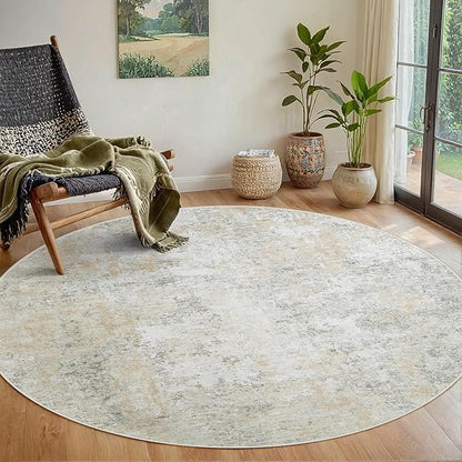 Round Rug 6ft Circle Rug Washable: Carpet Small Circular Area Rug for Entryway Kitchen Bedroom Dining Room Living Room 6 Feet Abstract College Dorm Non Slip Low Pile Beige Grey