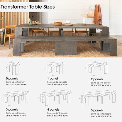 Transformer Expandable Dining Table Set – Solid Wood Table for 4 to 12 with 2 Extendable Benches, Space-Saving Adjustable Dining Room Furniture (Dark Grey, Table + 2 Benches)