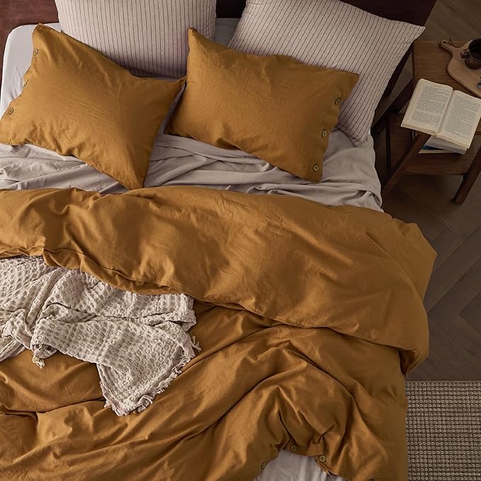 Bedsure Linen Duvet Cover Queen - Linen Cotton Blend Bedding Set, Soft & Cozy, 3 Pieces, 1 Duvet Cover 90x90 and 2 Pillowcases, Pumpkin Yellow Color Cooling Bedding, Comforter Sold Separately
