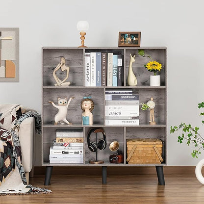 LEYAOYAO 8 Cube Bookshelf,Farmhouse Bookcase with Legs,Modern Dirty Grey Mid-Century Bookshelves,Large 3 Tier Open Storage Organizer Shelf, Retro Wood Display Book Case