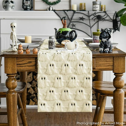Artoid Mode Beige Ghost Soft Plush Faux Fur Jacquard Halloween Table Runner, Holiday Kitchen Dining Table Decoration for Home Party Decor 13x48 Inch