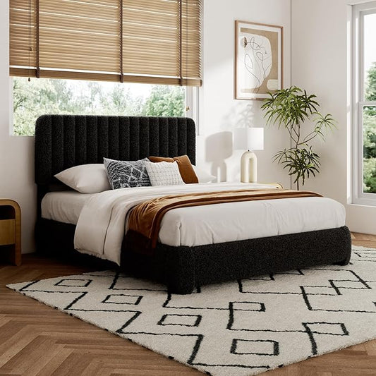 Queen Size Boucle Bed Frame, Upholstered Cloud Platform Bed Frame with Adjustable Headboard, Vertical Tufted, Soft Rounded Corners, No Box Spring Needed, Noise Free Design, Easy Assembly, Black