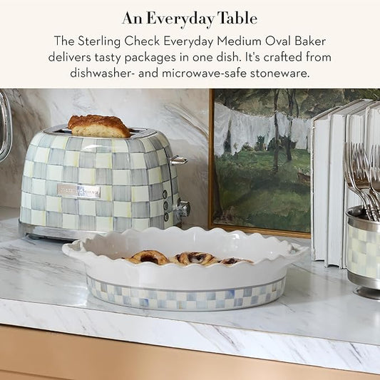 MACKENZIE-CHILDS Everyday Oval Casserole Baker, Cute Oven Baker, Medium, Gray-and-White Sterling Check