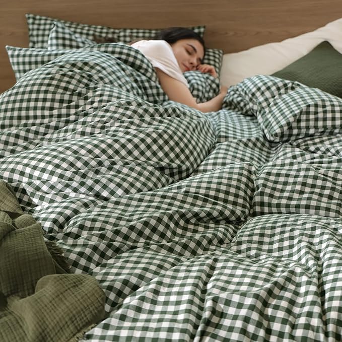 MooMee Gingham Duvet Cover Set 100% Washed Cotton Linen Like Textured Breathable Durable Soft Comfy Modern Checkered Design (Forest Green Gingham, Queen 90"x90")