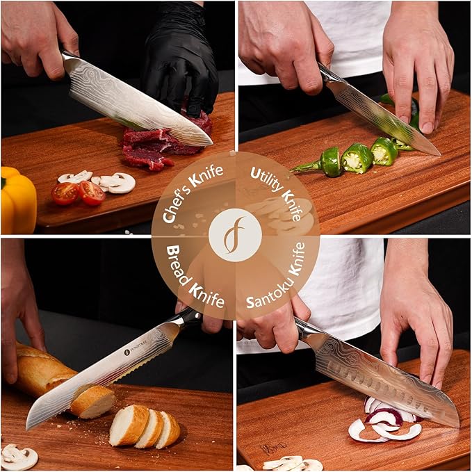 4 Pieces Professional Kitchen Knife Set, Damascus German Stainless Steel Chef Knife Set With Wooden Box, 8" Chef Knife, 5" Utility Knife, 8" Bread Knife, 7" Santoku Knife, Gift for Men Women Christmas