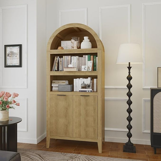 blini Arched Cabinet Bookshelf Oak Arch Bookcase with Doors, Wooden Curved Book Case 5-Tier Tall Round Top Bookshelves for Living Room