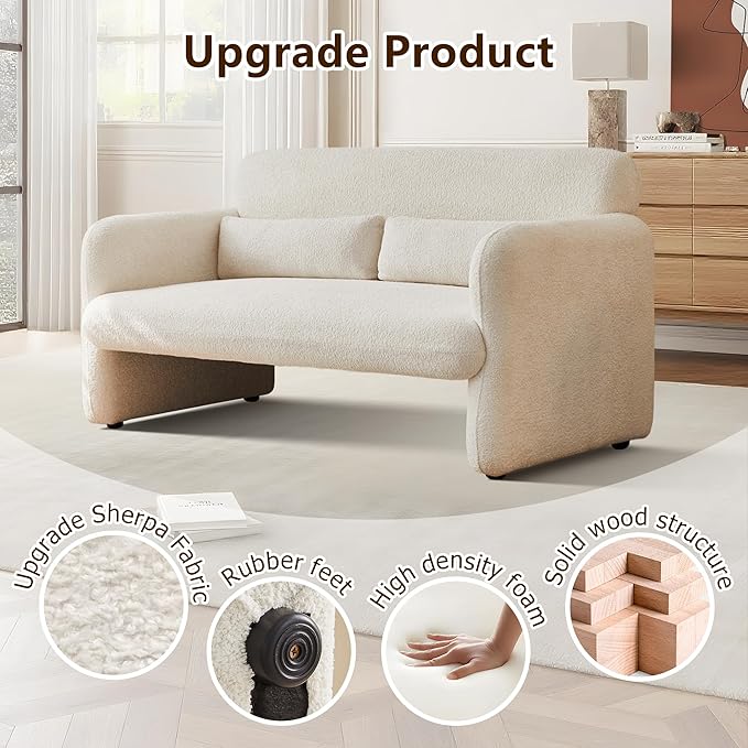 59.1'' Loveseat Sofa, 2 Seater Upgrade Sherpa Fabric Love Seat Couch, Comfy Upholstered Modern Leisure Loveseat Couches with 2 Waist Pillow for Bedroom, Office, Living Room