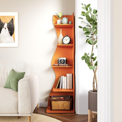 LITTLE TREE Small Corner Shelf, Modern 5-Tier Wall Corner Bookshelf, Stylish Bookcase Storage Rack for Small Space, Living Room, Bedroom, Orange, 2 Pack