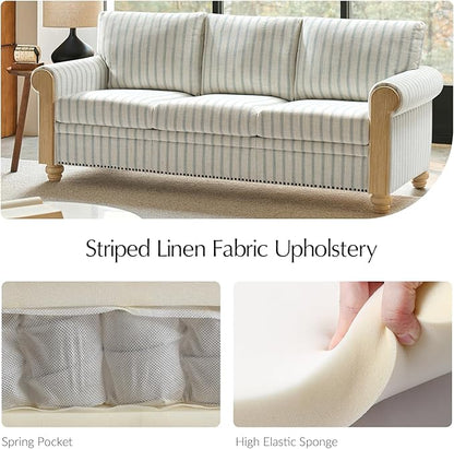 EcoHarbor Living 3-Seater Couch, Stripe 81" Mid-Century Modern Upholstered Sofa with Armrests, Stripe Couches for Living Room, Bedroom, Office, Apartment, Blue