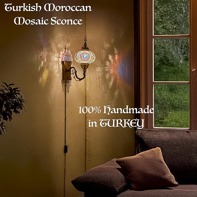 Turkish Moroccan Mosaic Plug-in Wall Sconce Lamp, Handmade Tiffany-Style Glass Globe, Ornate Brass Base, 5.2ft Cord, Decorative Lighting for Living Room, Bedroom, Dining Room,15x5 in, White & Clear