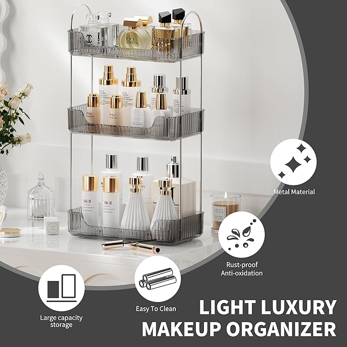 3 Tier Bathroom Organizer Countertop Makeup Perfume Skincare Organizer for Bathroom Dresser Vanity (Grey)