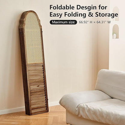 4 Panels Room Divider Wall, Rustic Rattan Room Divider, Wood Folding Privacy Screen, Foldable Wood Divider Wall, Portable Partition Screen, Wall Divider for Room Separation (Brown)