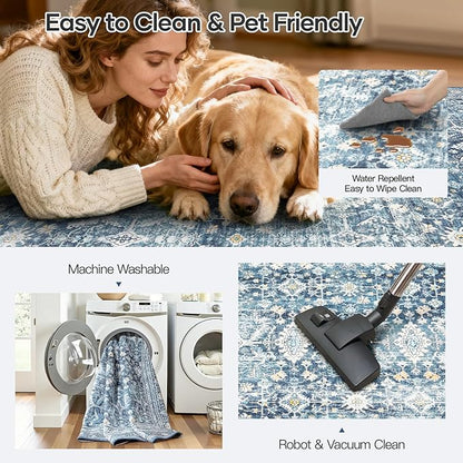 Lofus 9x12 Area Rug for Living Room,Blue Washable Area Rugs with Non-Slip Backing,Soft Boho Carpets for Bedroom Dining Room Home Office Indoor Nursery