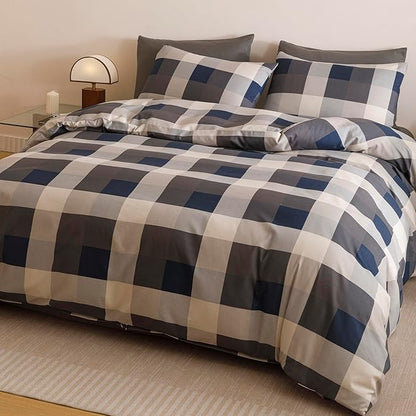 CLOTHKNOW Buffalo Plaid California King Comforter Set 3Pcs Tartan Bedding Comforter Sets Blue Grey Khaki Brown Beige Geometric Comforter Cal King Sets with 2 Pillowcases