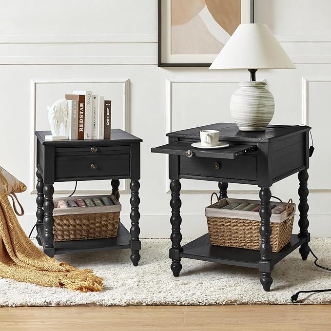 HULALA HOME Spindle Nightstands with Charging Station, Solid Wood Nightstand with Drawer Shelf, Side Table with Pull-Out Shelf (Charcoal)