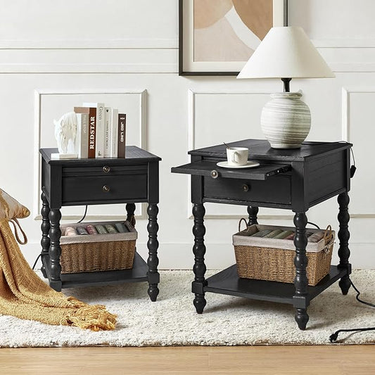 HULALA HOME Spindle Nightstands with Charging Station, Solid Wood Nightstand with Drawer Shelf, Side Table with Pull-Out Shelf (Charcoal)