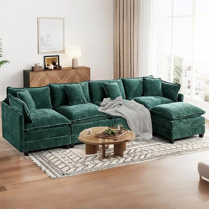 SoarFlash 143.2" Chenille Sectional Sofa, Comfy L Shaped Modular Coush Sofa with Ottoman, Modern 4 Seat Couch Deep Seat Sofa Set for Living Room,Green